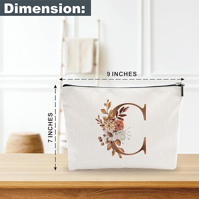 YKYENR A-Z Boho Personalized Cosmetic Bag-Floral Cotton Letter Makeup Bag With Zipper-Artistic Cosmetic Bag For Travel-Bride,Birthday Gift For Women Daughter Friends-Women Makeup Organizer-A03