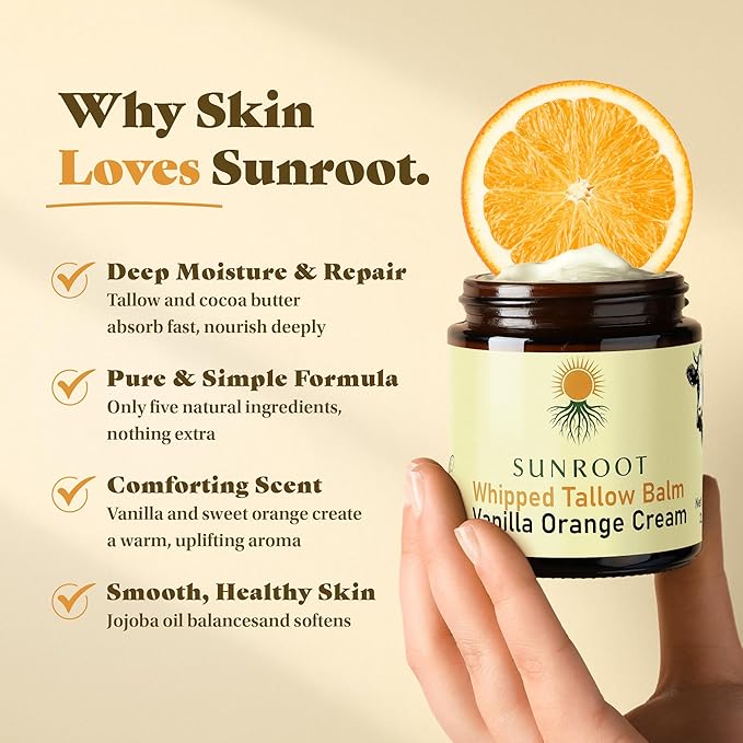 Sunroot Naturals Whipped Tallow Balm, Vanilla Orange Cream Moisturizer, Natural Ingredients, 4oz Glass Jar, Face and Body Care