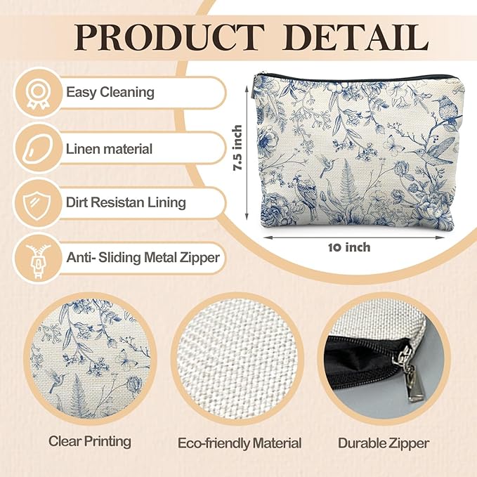 RYYCDOI Chinoiserie Floral Makeup Bag, Chinoiserie Decor Cosmetic Bag Toiletry Bag for Women, Floral Bird Makeup Bag, Chinoiserie Makeup Pouch