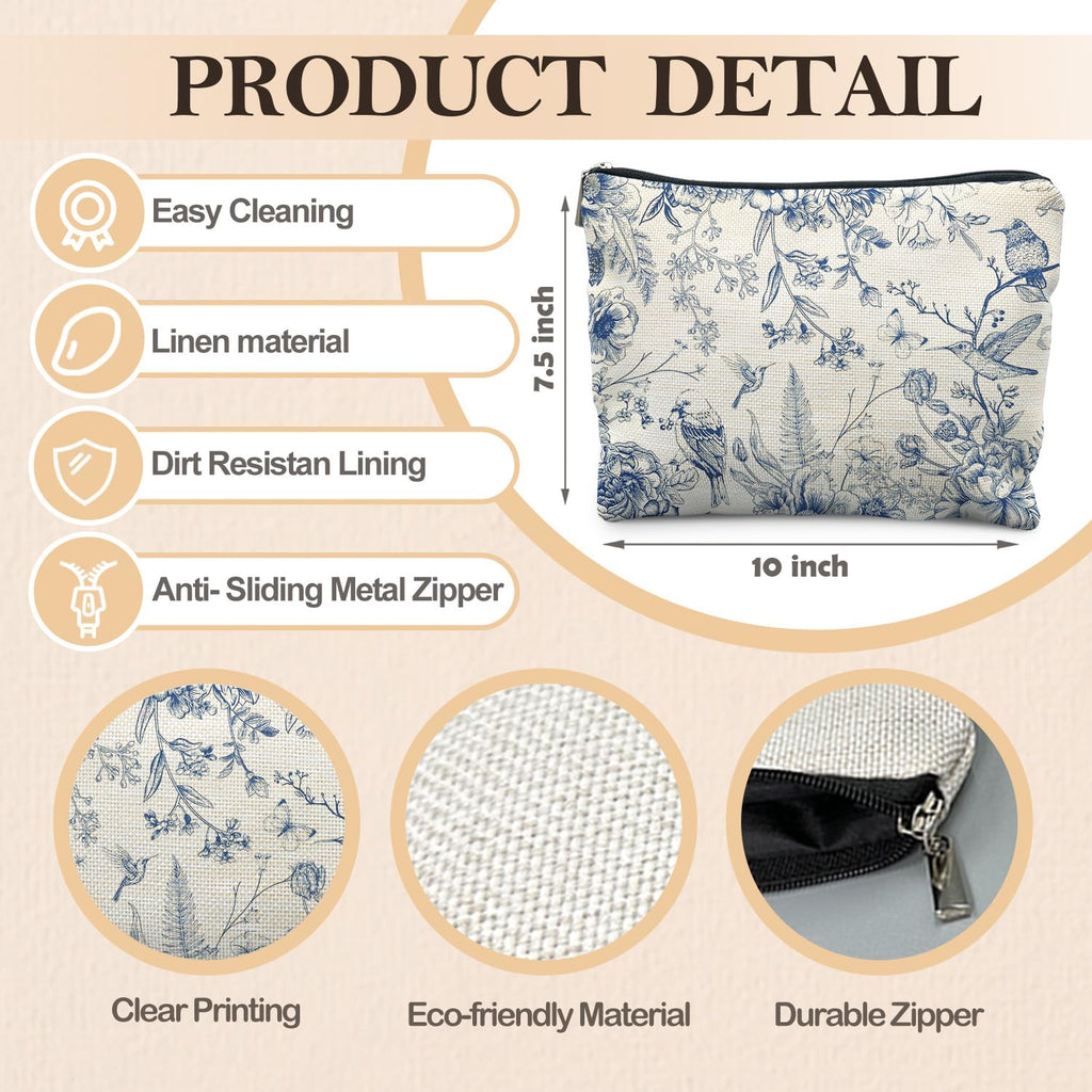 RYYCDOI Chinoiserie Floral Makeup Bag, Chinoiserie Decor Cosmetic Bag Toiletry Bag for Women, Floral Bird Makeup Bag, Chinoiserie Makeup Pouch