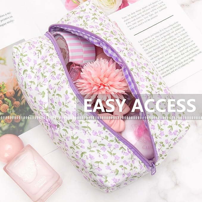 PAZIMIIK Cozy Makeup Bag for Women,Zipper Cosmetic Pouch,Floral Purple