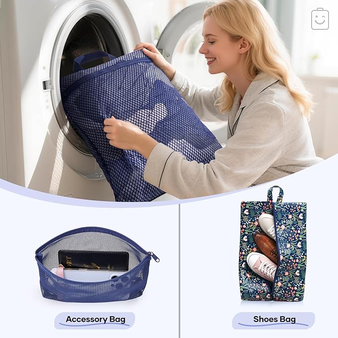 Veken 11 Set Compression Seting Cubes Garment Bags for Travel Essentials,Compressible Expandable Luggage Organizer Bags for Clothing,Space Saver Bags with Over 99 pcs of Mesh Holes(Dark Blue Floral)