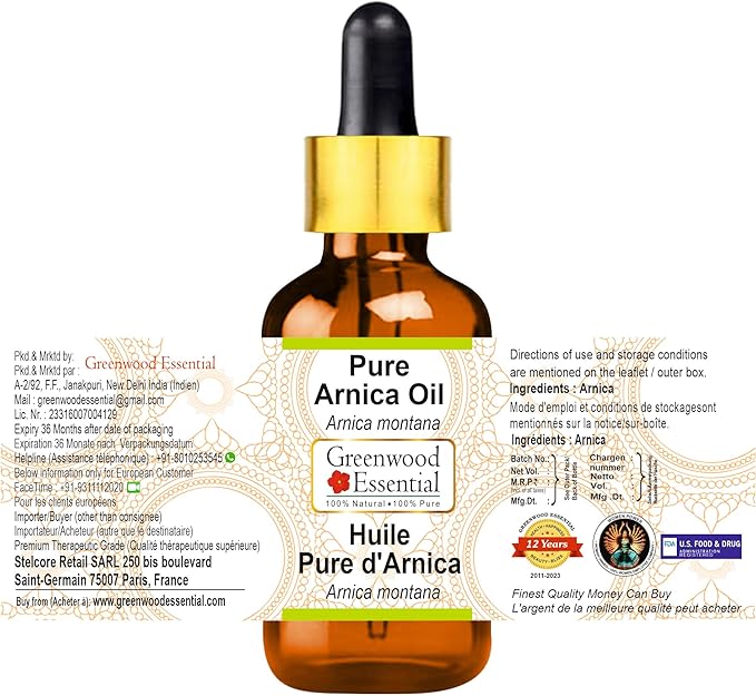 Greenwood Essential Arnica Oil (Arnica montana) with Glass Dropper | Infused | Pure | Non-Sticky | Lightweight | For Massage Preparation | Natural | Ayurvedic | Unisex | All Skin Types 10ml (0.33 oz)