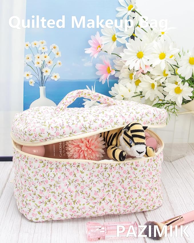 Quilted Makeup Bag for Women, Travel Cosmetic&Toiletry Bag,Floral Pink