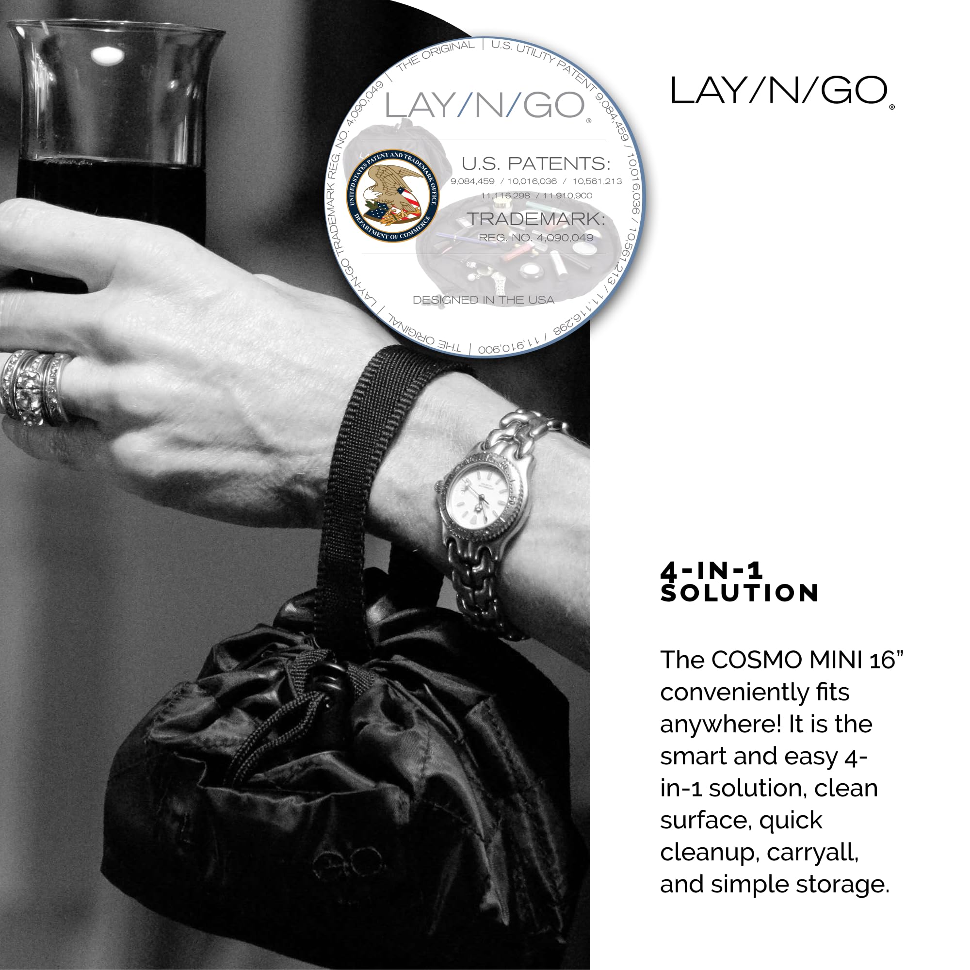 Lay-n-Go Cosmo Layflat Drawstring Cosmetic & Makeup Bag Organizer w/Zipper Pocket, Brush Loops & More, Cinch to Close, Lay Flat to Use, Durable, Machine Wash, Travel Toiletry Bag (16", Black)