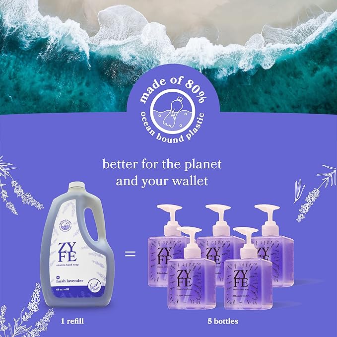 ZYFE Lavender Hand Soap Refills Foam, 64oz Liquid Hand Soap Foam Refill in Recycled Bottle, Natural Handwash Refill with Essential Oils, Biodegradable & Moisturizing