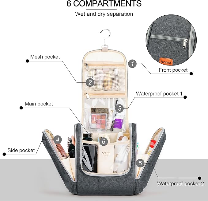 COOSKY Hanging Toiletry Bag for Women & Men, Cruise Ship Travel Essentials, Holds Full Size Shampoo, with Dry and Wet Separation Cosmetic Bag, Makeup Organizer Bag, Bathroom Water-resistant Bag, Grey