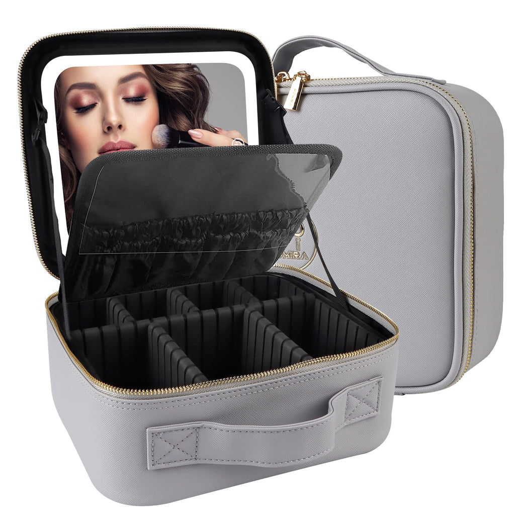 MOMIRA Travel Makeup Bag Cosmetic Bag Makeup Organizer Bag with Lighted Mirror, Adjustable Brightness in 3 Color Scenarios, Waterproof Makeup Train Case, Gift for Women - Grayish