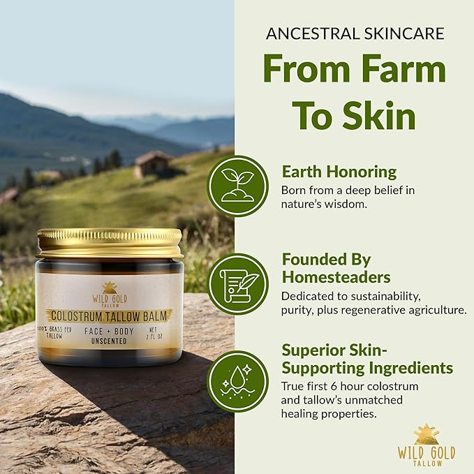 Wild Gold Tallow 100% Grass Fed Tallow Balm with Colostrum & Emu Oil - Handmade Whipped Beef Tallow for Face and Body, Sensitive Skin Tallow Moisturizer made with True First Colostrum, (Unscented)