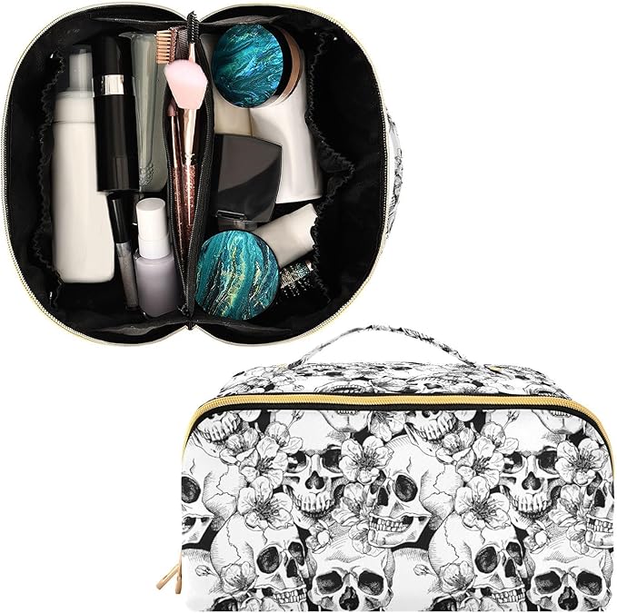 MNSRUU Makeup Organizer Bag, Skull and Flower Travel Makeup Bags Makeup Vanity Case Large Capacity Rhombus Cosmetic Toiletry Bag for Girl Women Ladies