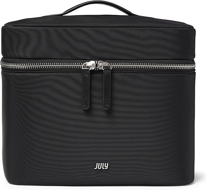 July Vanity Cosmetic Case - Stylish Travel Makeup Bag for Women with Removable Wet Pouch, Upright Bottle Design, Clear Top Pocket, Leather Handle, Travel Essentials, Toiletry Organizer - Black
