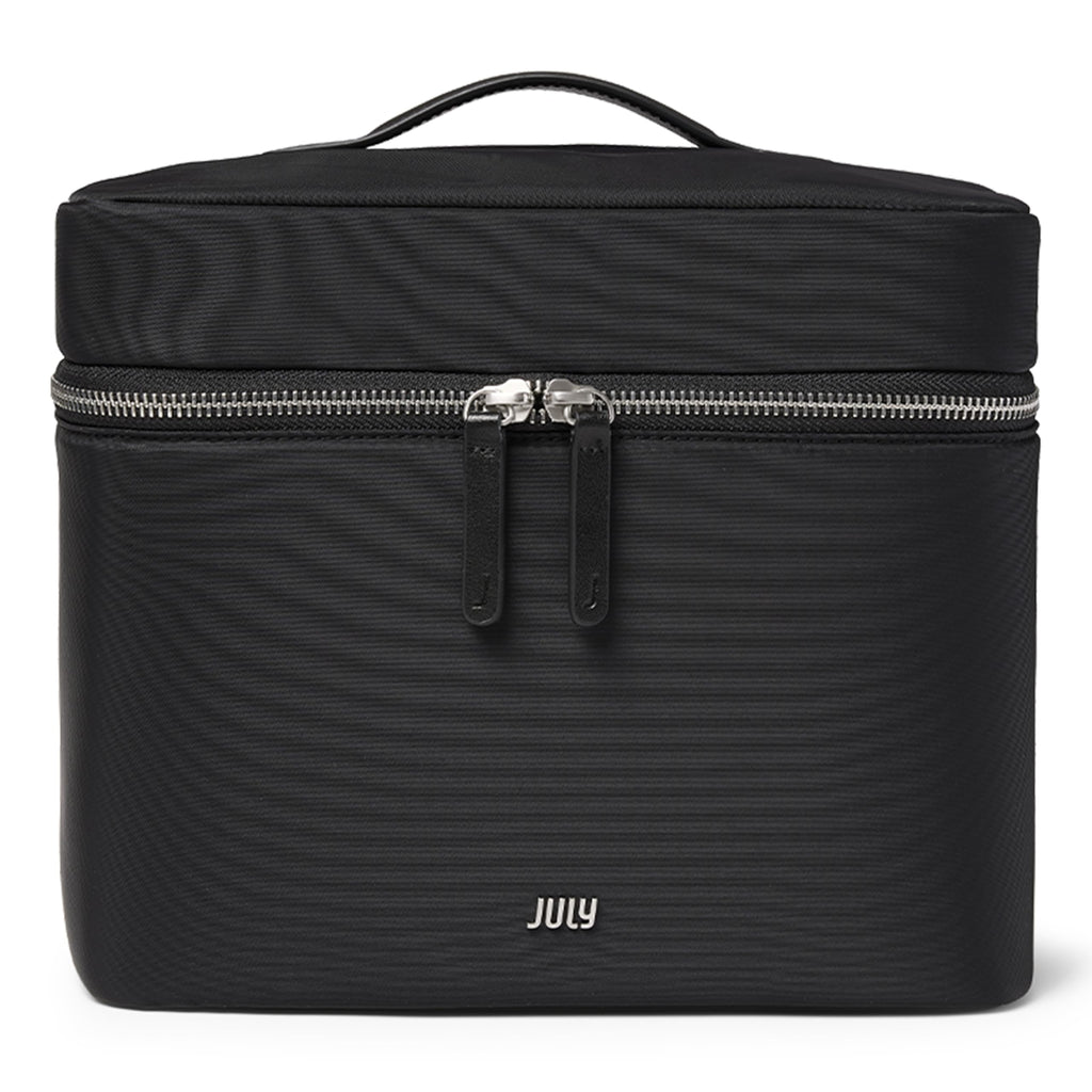 July Vanity Cosmetic Case - Stylish Travel Makeup Bag for Women with Removable Wet Pouch, Upright Bottle Design, Clear Top Pocket, Leather Handle, Travel Essentials, Toiletry Organizer - Black