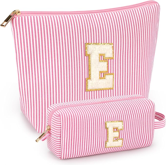 mibasies 2 PCS Initial Makeup Bags for Women: Cosmetic Bag for Travel Toiletry - Personalized Cute Makeup Pouch - Gifts for Grilfriend Wife Moms Bridesmaid - Retirement Travel Gifts - Pink E