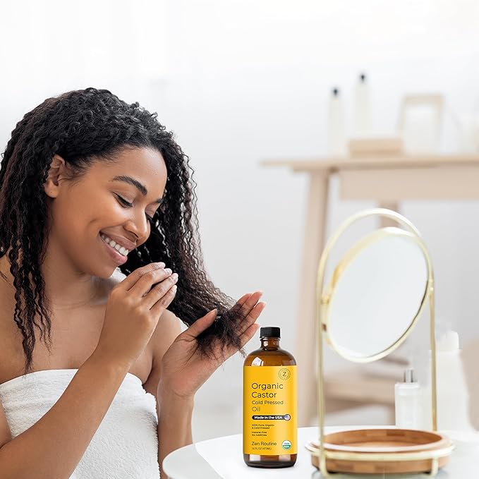 Zen Routine Organic Castor Oil 16oz (2-Pack) Cold Pressed Unrefined Glass Bottles – Aceite de Ricino Hair Growth Oil for Hair, Lashes & Castor Oil Packs – USDA Certified, Made in USA