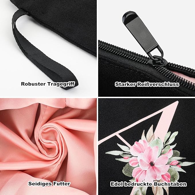 Vavabox A-Z Personalized Makeup Bag, Birthday Gifts for Women Mom, Gifts for Best Friend, Bride Bridesmaid Cosmetic bag (A, 04-Black Set)