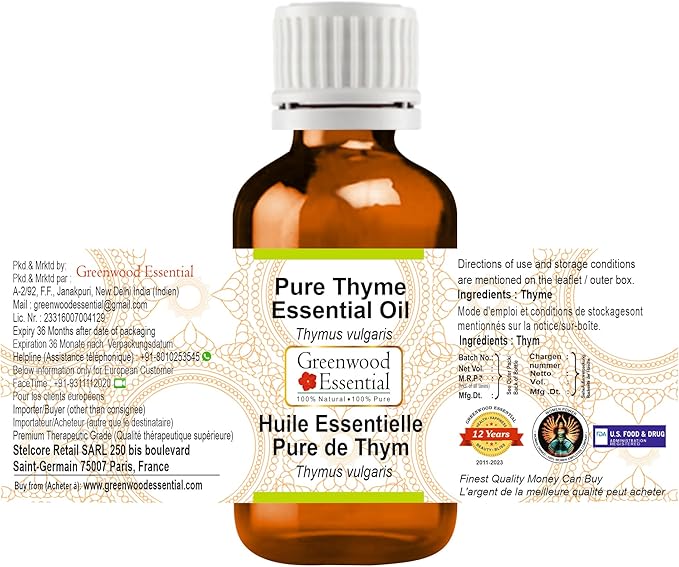 Greenwood Essential Thyme Essential Oil (Thymus vulgaris) Pure | Non-Sticky | Non-Greasy | Lightweight | Men & Women | All Skin Types | Steam Distilled 30ml (1 oz)