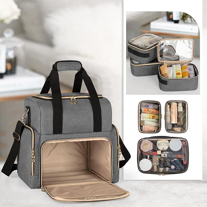 LUXJA Large Travel Makeup Bag with 3 Removable Makeup Cases, Gray