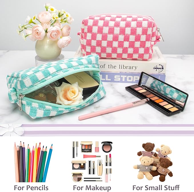Checkered Makeup Bag for Purse, Small Cosmetic Pouch,Arctic Blue,2 Pack