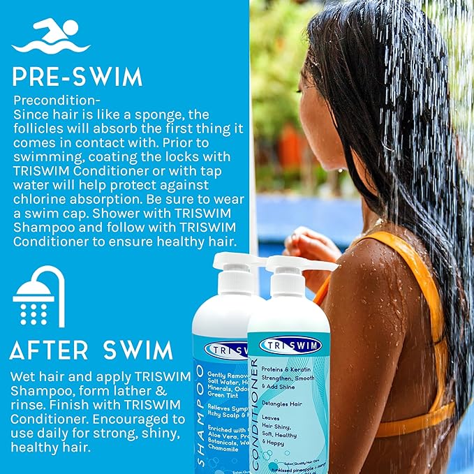 TRISWIM Hair Care Bundle | Swim Shampoo and Conditioner 32 Fl Oz Each | Professional Chlorine Removal Formula | Vegan, Paraben-Free with Aloe Vera & Proteins | Pump Dispensers