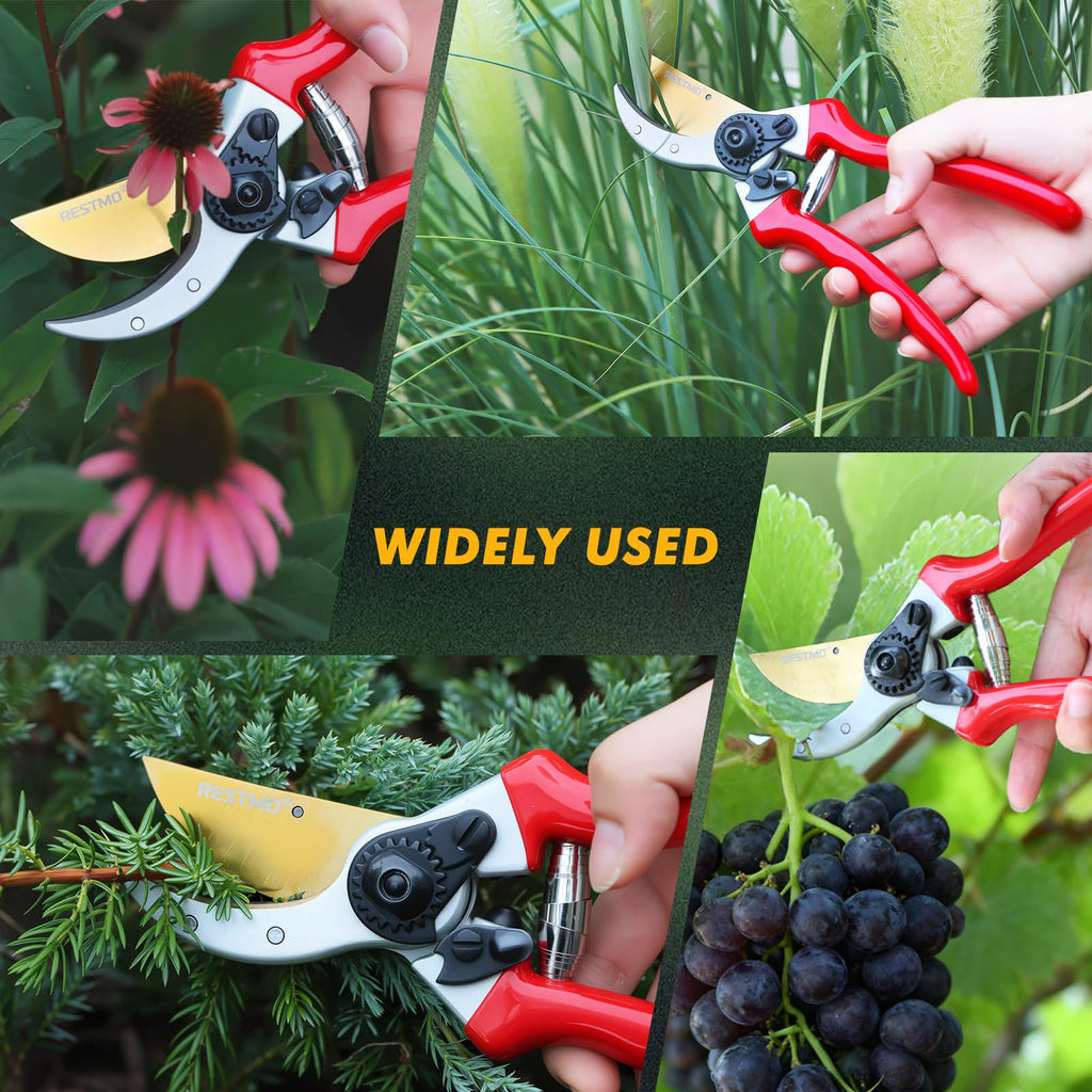 RESTMO Pruning Shears, 8.6 Inch, Titanium Blade, Bypass, Red