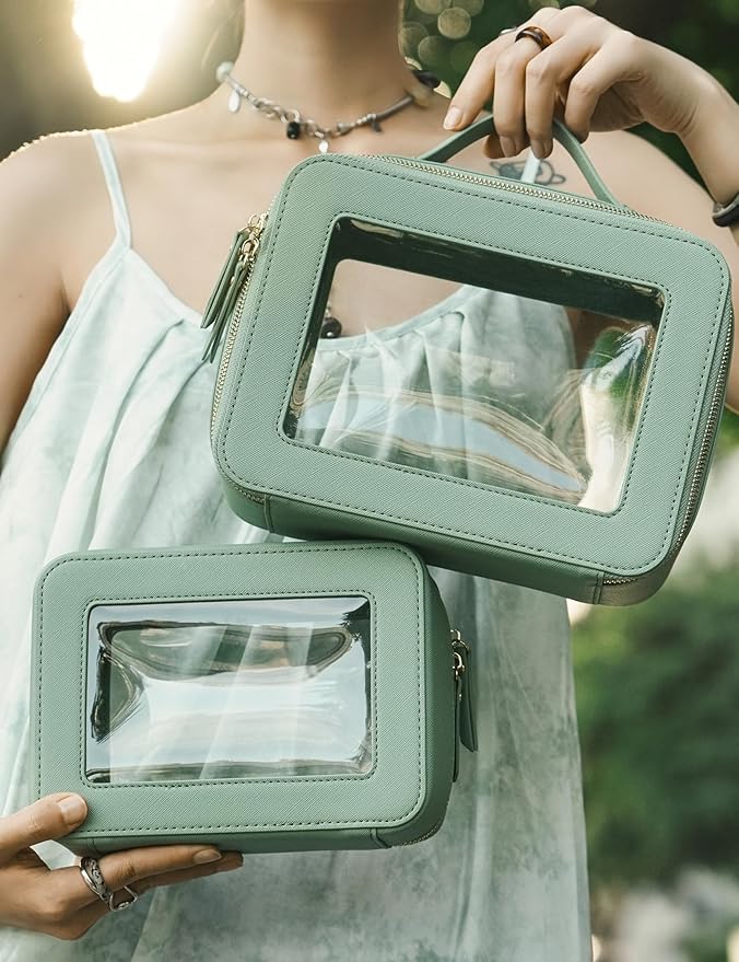 Popvibe Clear Toiletry Bag 2 Pack, Travel Makeup Bag Medium and Large Green