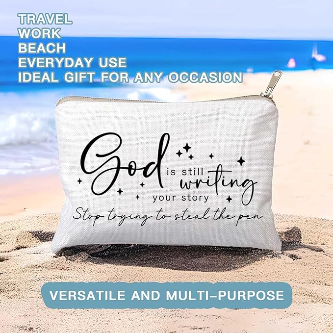 HubbgDesign God is Still Writing Your Story Travel Bag Funny Christian Women of the Bible Makeup Bag Bible Quote Christian Quotes Scripture Makeup Pouch Linen Cotton Bag