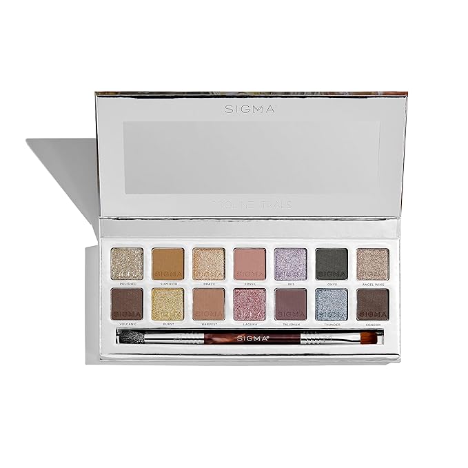 Sigma Beauty Cool Neutrals Eyeshadow Palette — Dual-Ended Brush, 14 Cool-Toned Eye Shadows - Includes Mirror, Waterproof Technology, Mixture of Finishes