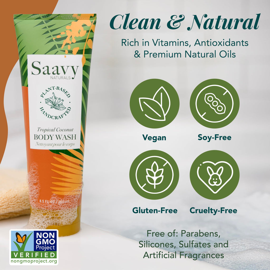 Saavy Naturals Moisturizing Body Wash for Sensitive Skin – Plant-Based & Pure with Coconut Oil, Shea Butter & Aloe Vera – Paraben-Free, Cruelty-Free – Tropical Coconut – 8.5 fl oz, 2 pack