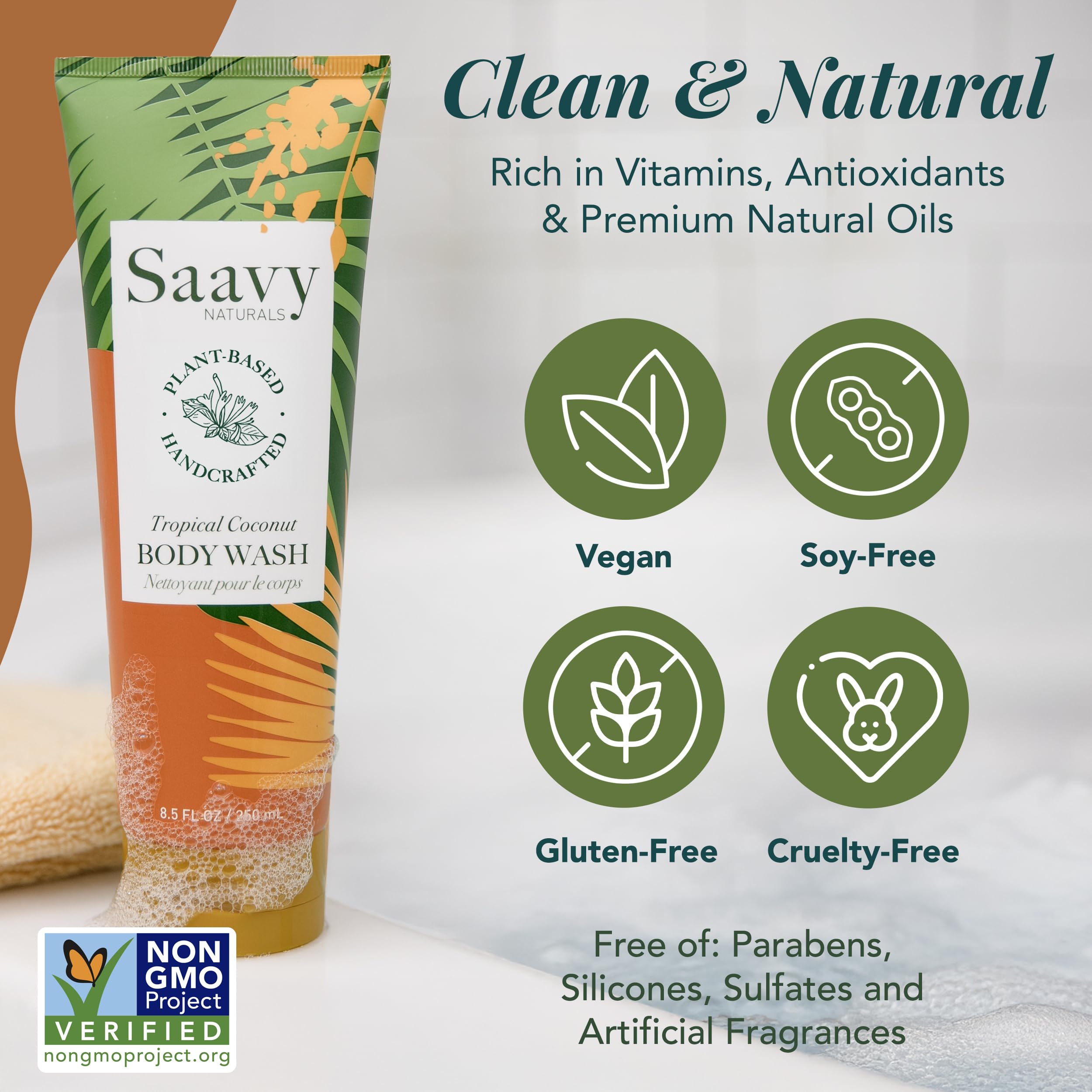 Saavy Naturals Moisturizing Body Wash for Sensitive Skin – Plant-Based & Pure with Coconut Oil, Shea Butter & Aloe Vera – Paraben-Free, Cruelty-Free – Tropical Coconut – 8.5 fl oz, 2 pack