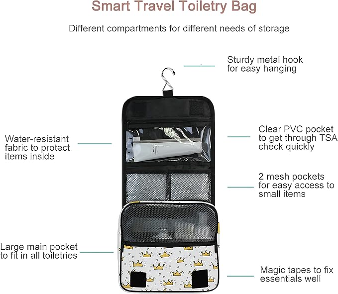 senya Hanging Travel Toiletry Bag Kit Makeup Case Cosmetics Organizer for Men Women (Crown Princess)