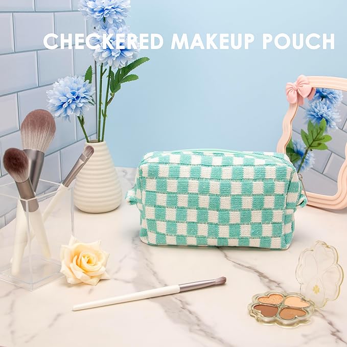 Checkered Makeup Bag for Purse, Small Cosmetic Pouch,Arctic Blue,6 Pack