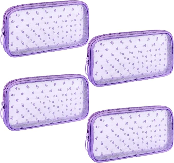 Sinzip 4 Pieces Mini Zipper Nylon Mesh Pouch, Mesh Cosmetic Bags Makeup Bags, Multipurpose Travel Toiletry Bags for Office Supplies and Travel Accessories (Heart Print-Purple, M)
