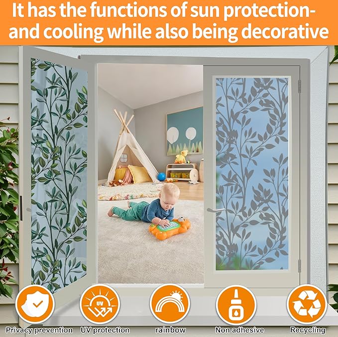 One Way Privacy Film, Window Tint for Home,Daytime Reflective, Anti UV Static Cling Sliding Door Coverings No Glue Garage Solar Paper (Silver-Leaves, 35.4X 78.7 in)