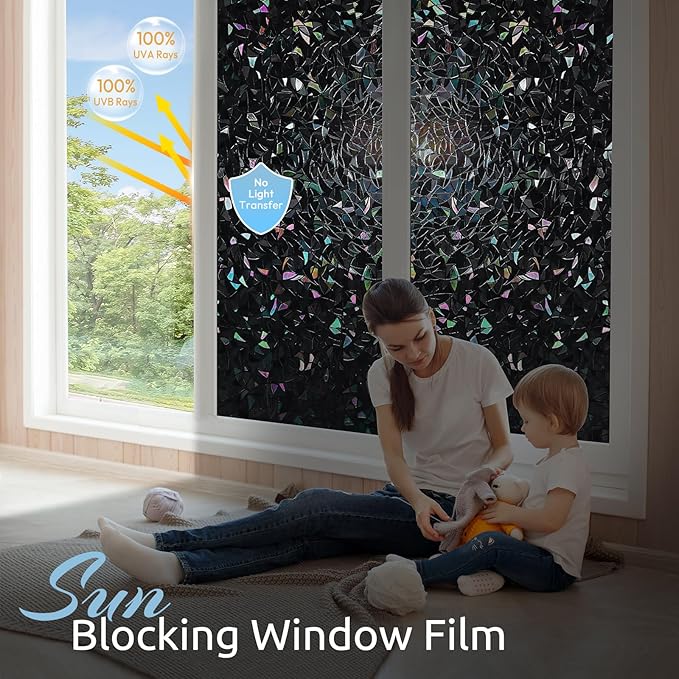 rabbitgoo Window Privacy Film Rainbow Film Decorative Window Sticker, 3D Static Stained Glass Cling Tint for Room Darkening Day Sleep, Black, 23.6 x 157.4 inches