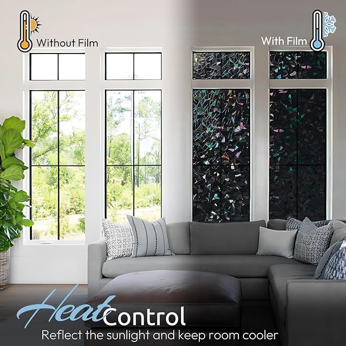 rabbitgoo Window Privacy Film Rainbow Film Decorative Window Sticker, 3D Static Stained Glass Cling Tint for Room Darkening Day Sleep, Black, 23.6 x 157.4 inches