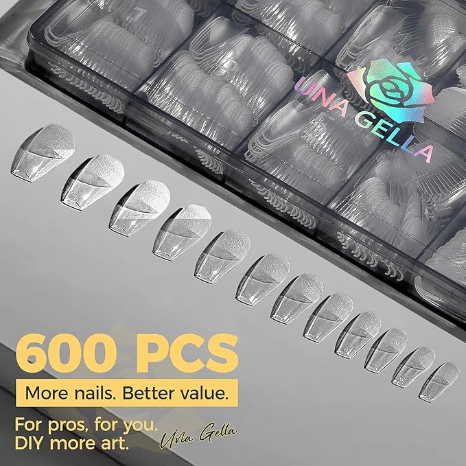 UNA GELLA 600Pcs Medium Coffin Nails Tips, Gel Nail Tips Coffin Pre Etched Press On Nails Fake Soft Gel Nail Tips For Nail Extension Ombre Stlye Art Home DIY Salon 12 Sizes