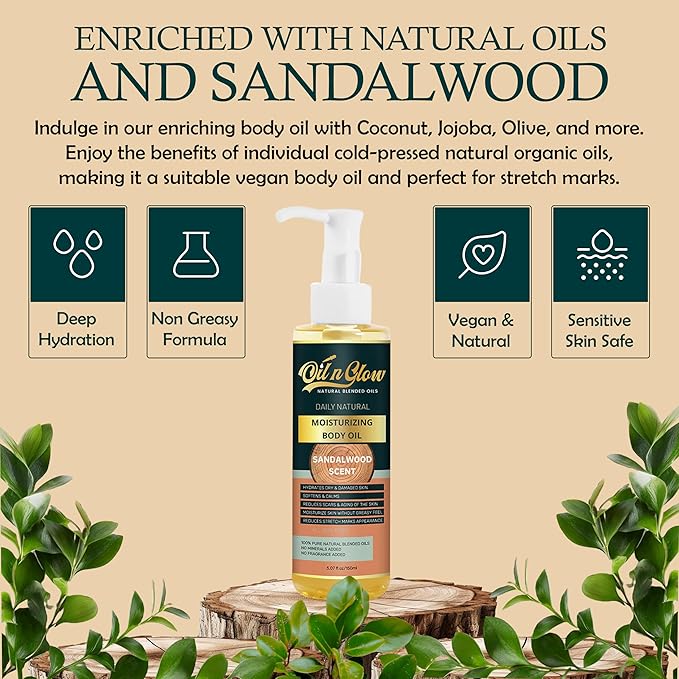 OilnGlow Pure Natural Hydrating Body Oil After Shower With Coconut, Jojoba, Olive & Almond Non-Greasy Moisturizing Oil For Women & Men Dry Skin 5.07 fl oz/150ml-Sandalwood Scent
