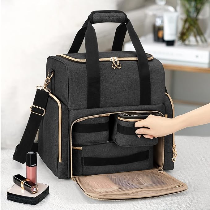 LUXJA Large Travel Makeup Bag with 3 Removable Makeup Cases, Black