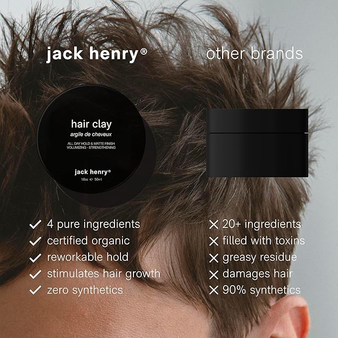 Jack Henry Hair Clay for Men - Wax-Based Flexible Matte Finish, All-Day Hold - Hair Styling Clay for All Hair Types, PVP-Free, Organic Award Winning Formula, Only 4 Ingredients - Natural Scent 1.6 oz