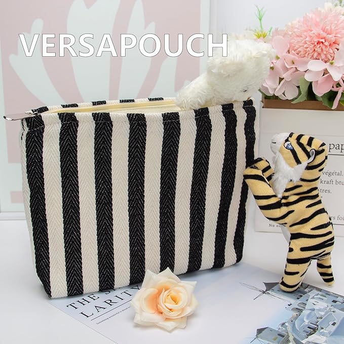Flat Makeup Bag for Women,Zipper Cosmetic Pouch Purse,Stripe Black White