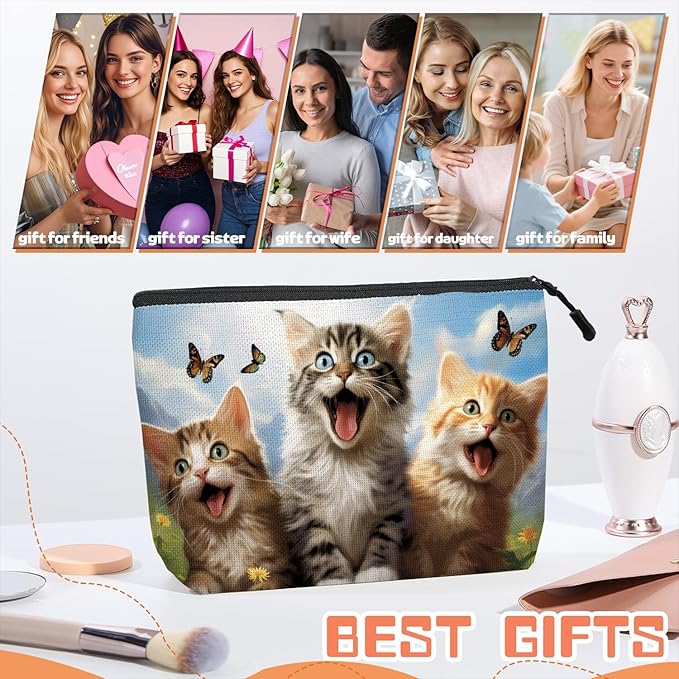 Scribesense Cosmetic Bags Travel Makeup Toilet Case Waterproof Pouch for Women Girls 6.7X9.45inches - Kittens With Butterflies in A Mountain - Sky Background