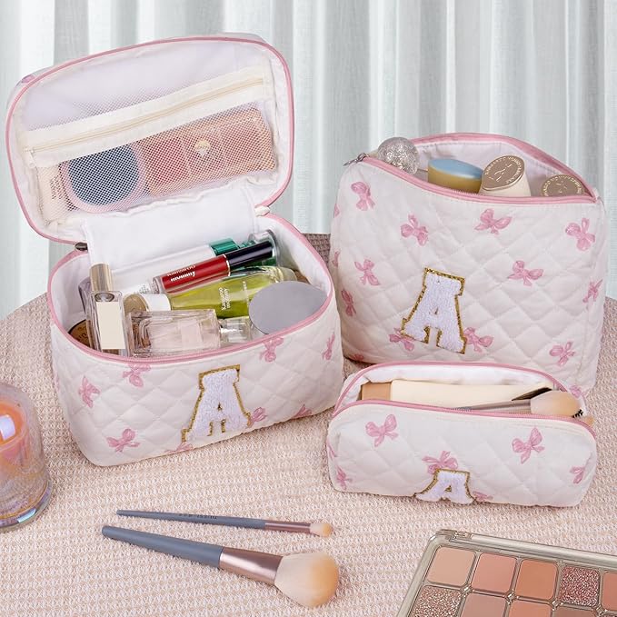 Junesters Initial Makeup Bag Set, Personalized Quilted Makeup Bag, Large Floral Cosmetic Bag for Women, Cute Cotton Custom Make up Bags, Flower Travel Toiletry Bag Teen Girl Gift Pink Butterfly K