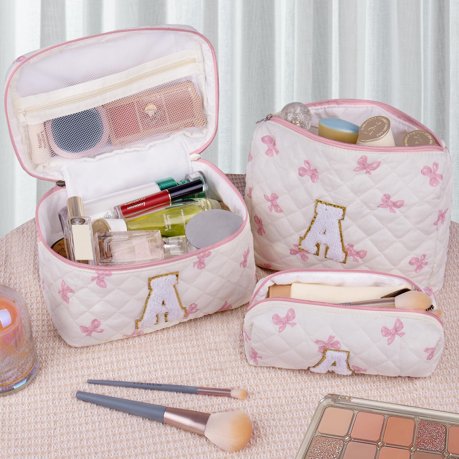 Junesters Initial Makeup Bag Set, Personalized Quilted Makeup Bag, Large Floral Cosmetic Bag for Women, Cute Cotton Custom Make up Bags, Flower Travel Toiletry Bag Teen Girl Gift Pink Butterfly K