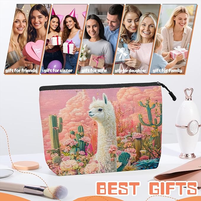 Scribesense Cosmetic Bags Travel Makeup Toilet Case Waterproof Pouch for Women Girls 6.7X9.45inches - White Alpaca Stand BetweenFlowers And Cacti
