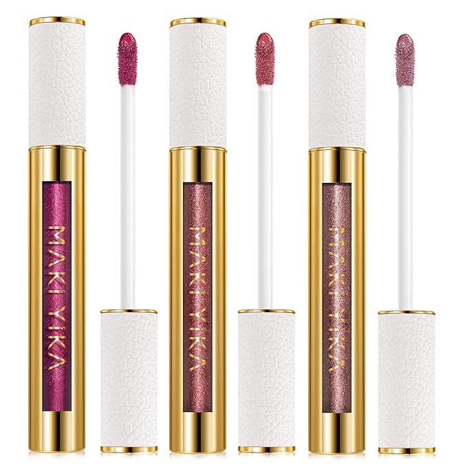 MAKI YIKA 3Pc Metallic Lipstick Long Lasting Hot Pink Red Brown Lipsticks