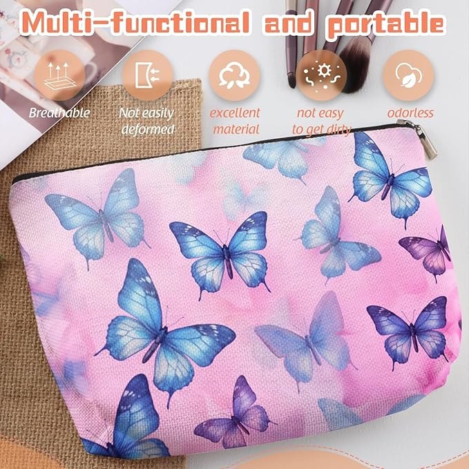Scribesense Makeup Bag Travel Cosmetic Bags Small Makeup Case Waterproof Zipper Pouch for Women Girls 7X9inches - Blue And Purple Butterflies on A Pink Background