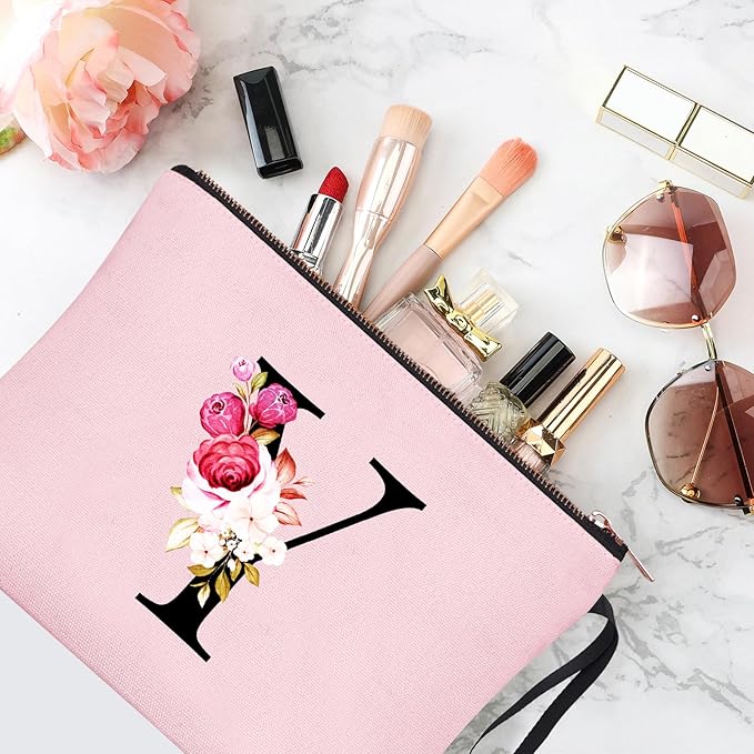 Vavabox A-Z Personalized Makeup Bag, Birthday Gifts for Women Mom, Gifts for Best Friend, Bride Bridesmaid Cosmetic bag (Y, 06-Pink)