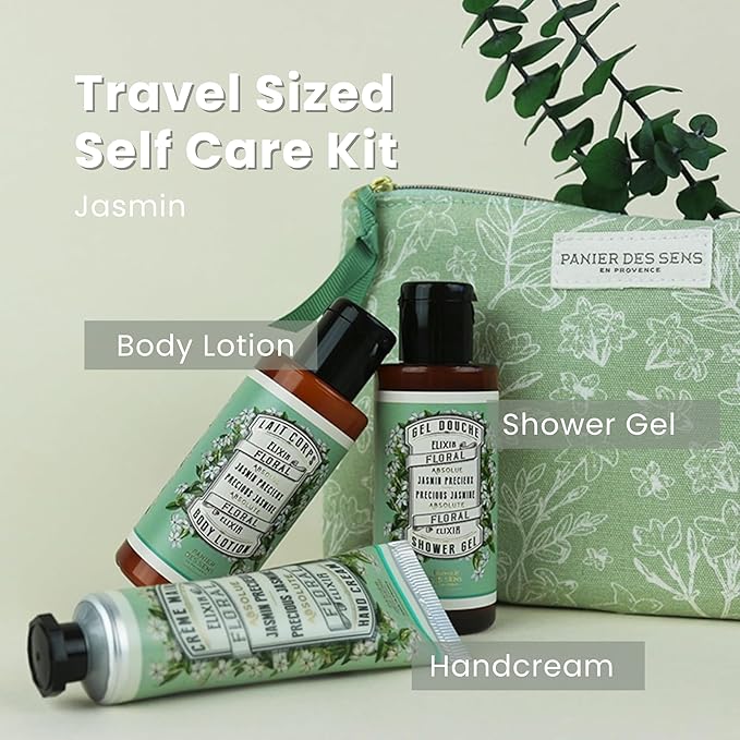 Panier des Sens Jasmine Travel Pouch Gift Set, 3.3 + 3.3 + 1 fl oz