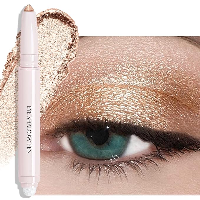 Wugbc Eyeshadow Stick, Sand Shimmer Cream Eyeshadow Long-Lasting Crease-Proof Glitter Eyeliner Pencil High Pigmented Neutral Highlighter Makeup Crayon with Blending Brush & Built-in Sharpener