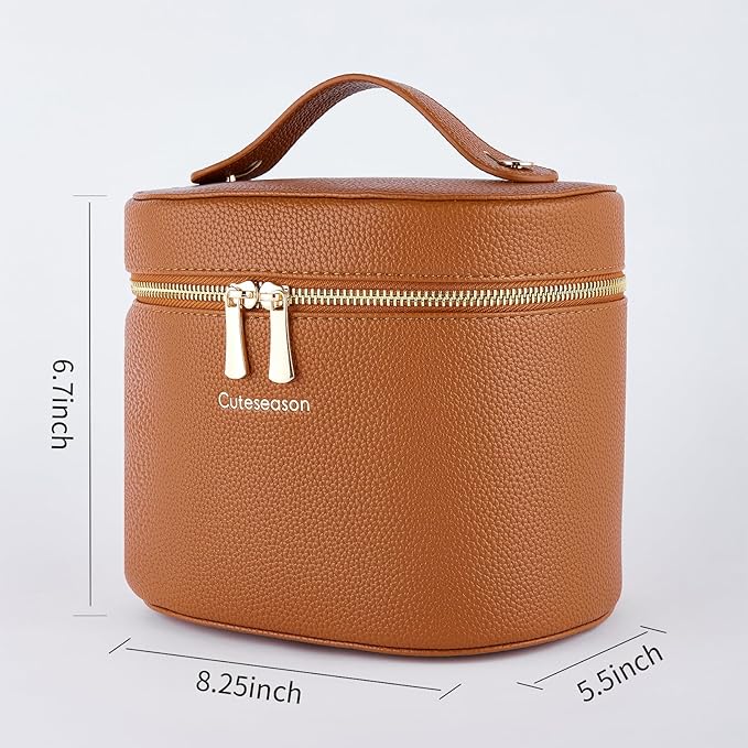 Cuteseason Large Makeup Bag Organizer, PU Leather Makeup Case with Removable Dividers, Waterproof Travel Cosmetic Bag(Light Khaki)